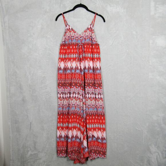 Akualani Maxi Dress Womens Medium Red Boho Aztec Geometric Print Summer Tank - Picture 1 of 11